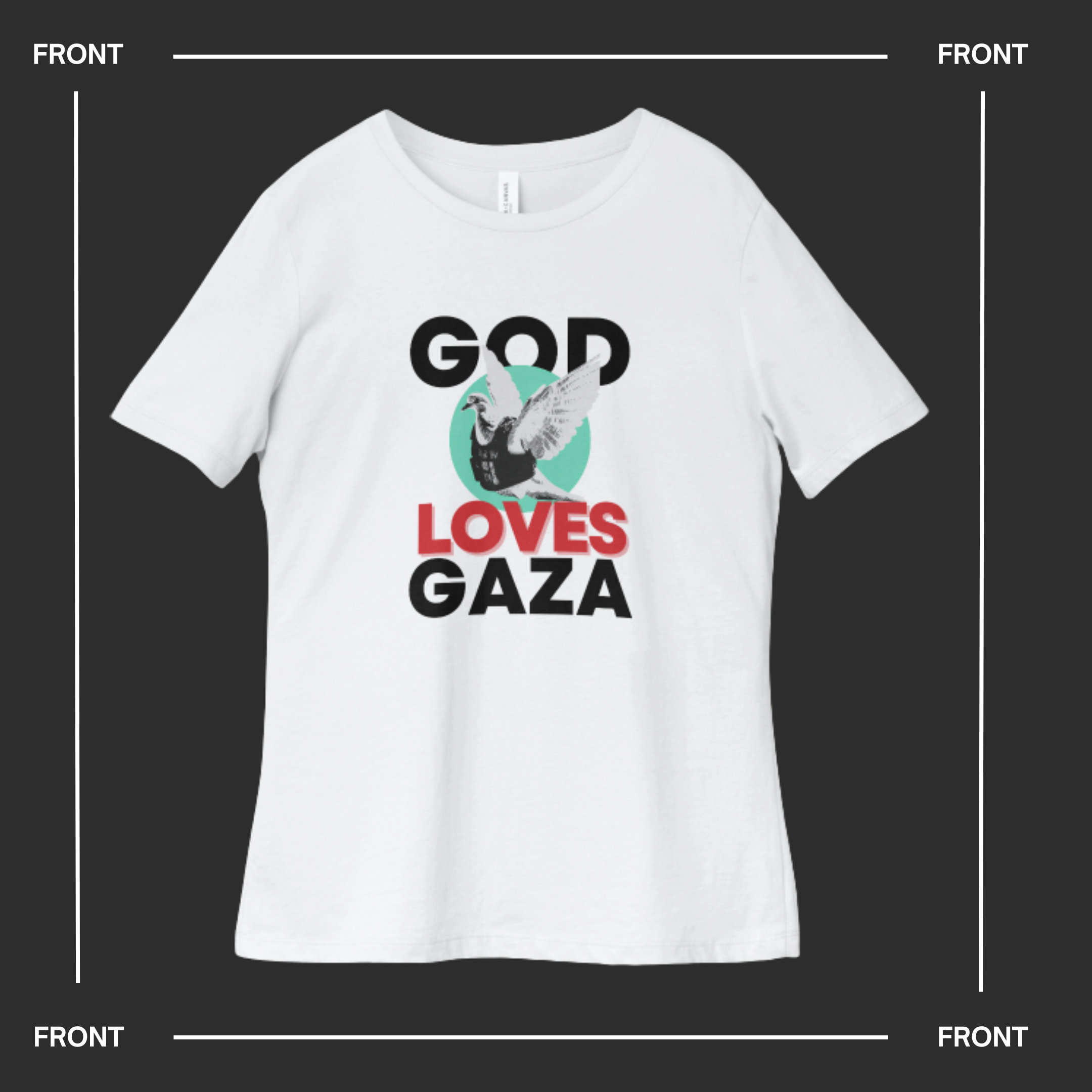 White t-shirt with 'God Loves Gaza' graphic on a black background
